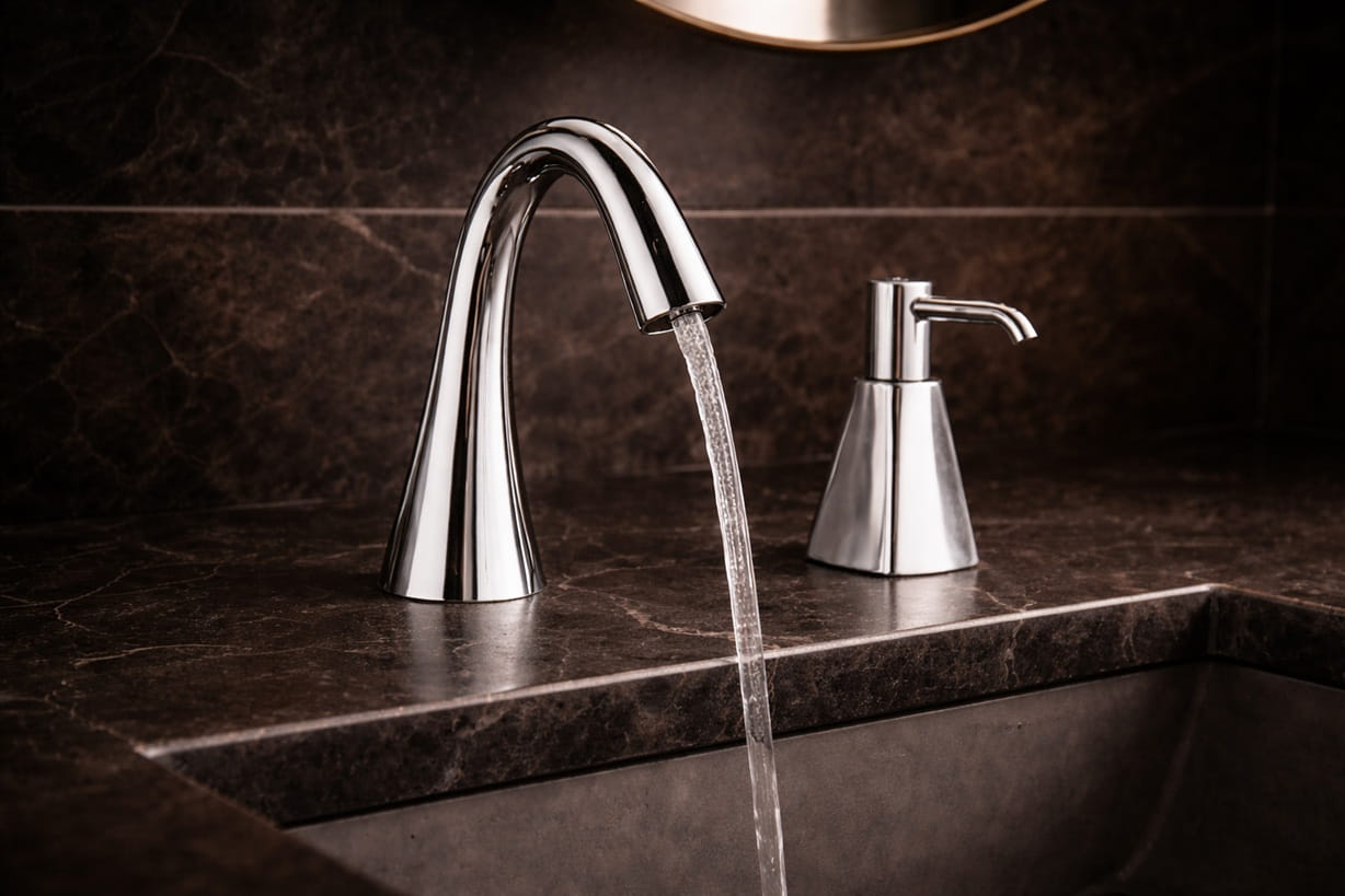 Commercial restroom mirror and lavatory setup with touchless faucet sensor reflecting nearby surfaces that may interfere with activation range